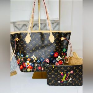 Faux PM Louis Vuitton Black Floral Tote Bag neverfull NEW
